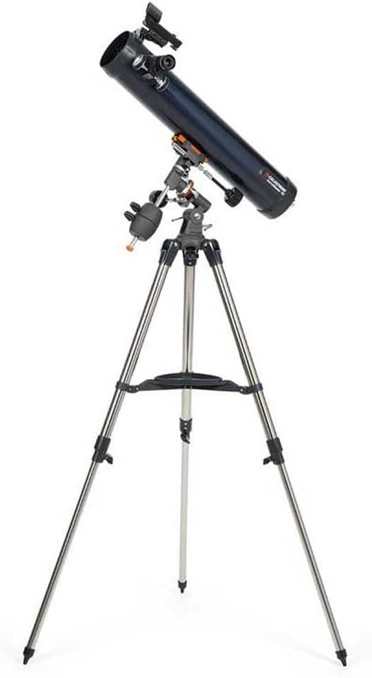 Celestron AstroMaster 76EQ Newtonian Reflector Telescope, Two Eyepieces, Height-Adjustable Tripod, Dark Blue