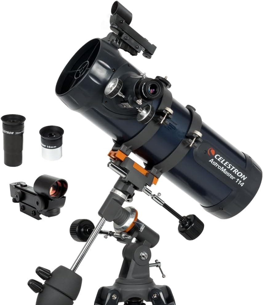 Celestron AstroMaster 114EQ Newtonian Reflector Telescope for Beginners, Aluminized Mirror, Tripod, Accessories
