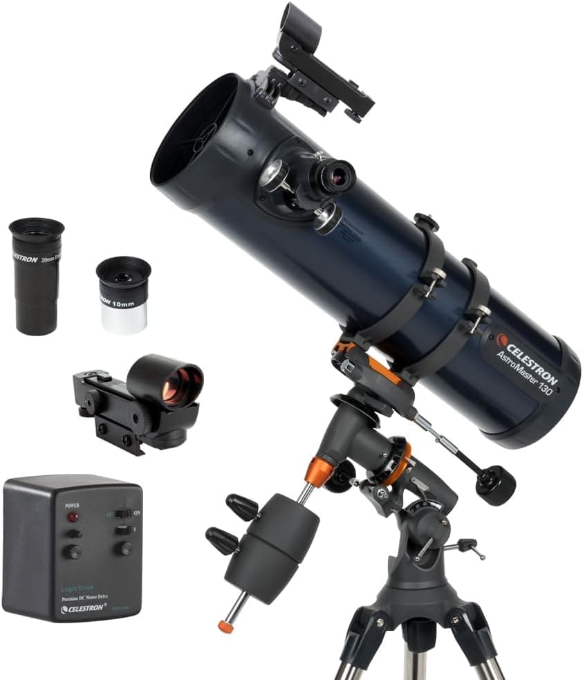 Celestron AstroMaster 130EQ-MD Newtonian Reflector Telescope, Aluminized Mirror, Motor Drive to Track Stars
