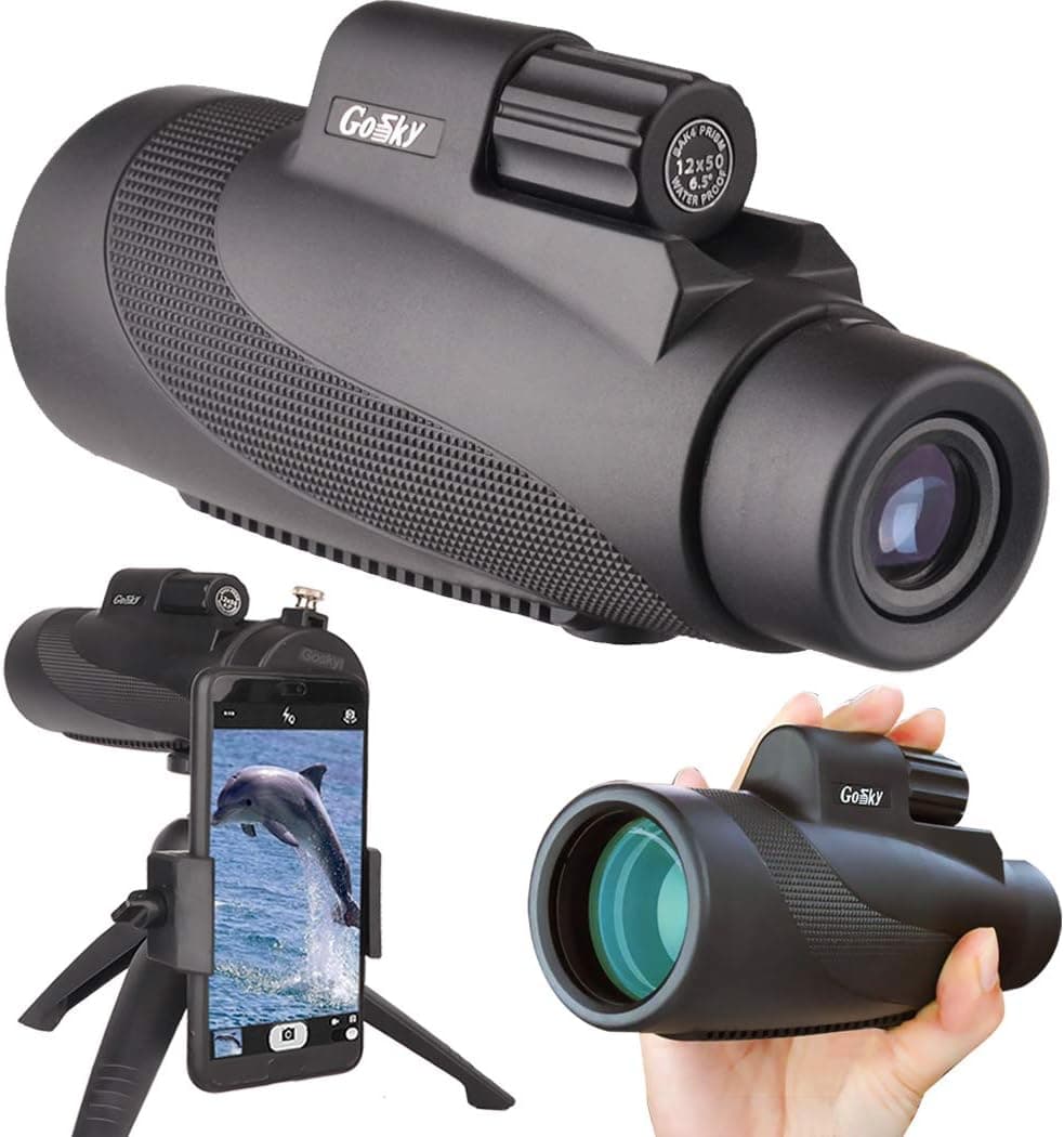 Gosky 12x50 High Power Prism Monocular with Smartphone Holder and Handheld Tripod Kit, Waterproof