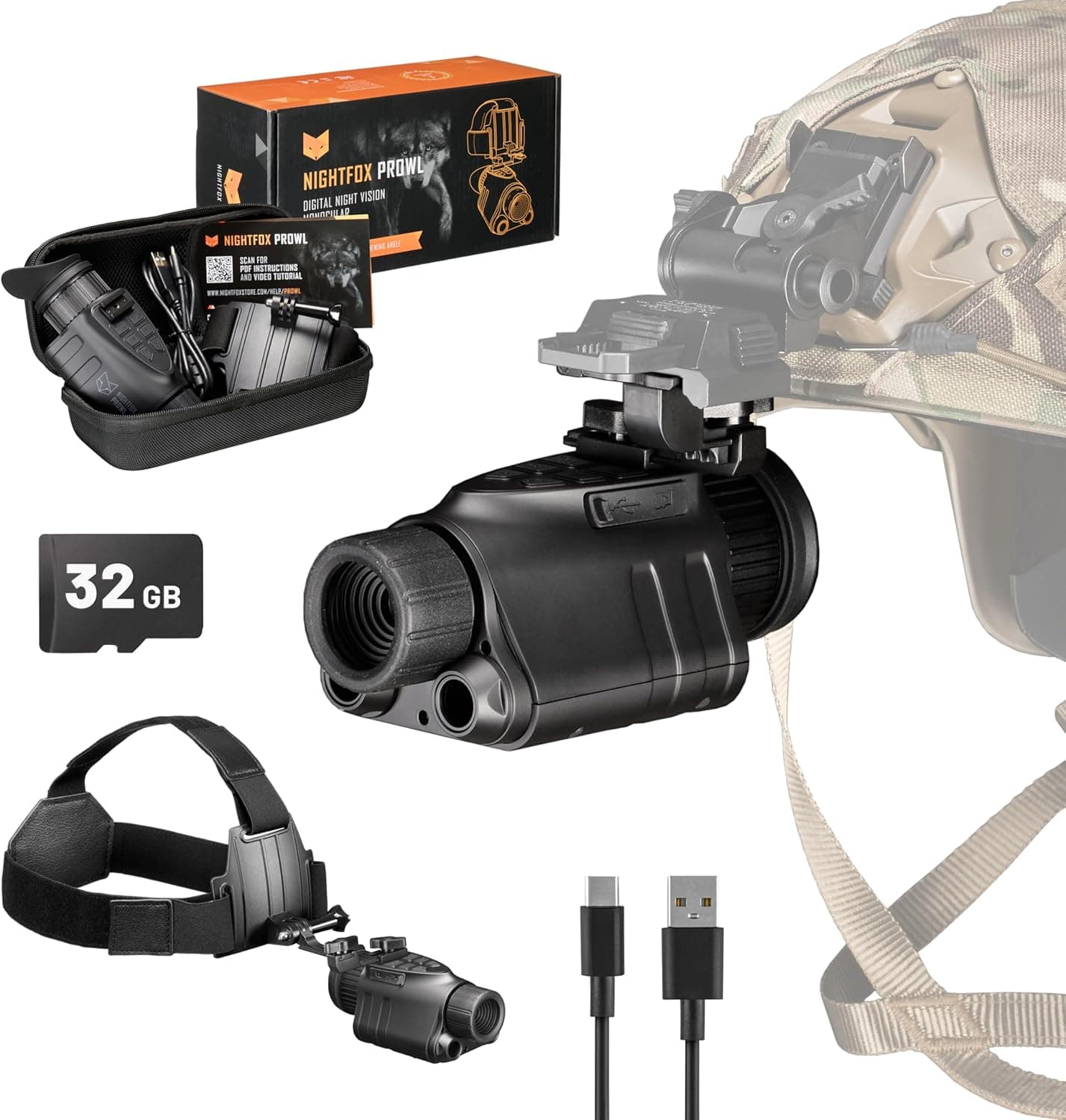 Nightfox Prowl Night Vision Monocular Head or Helmet Mounted 1080p Recording 940nm IR NVG