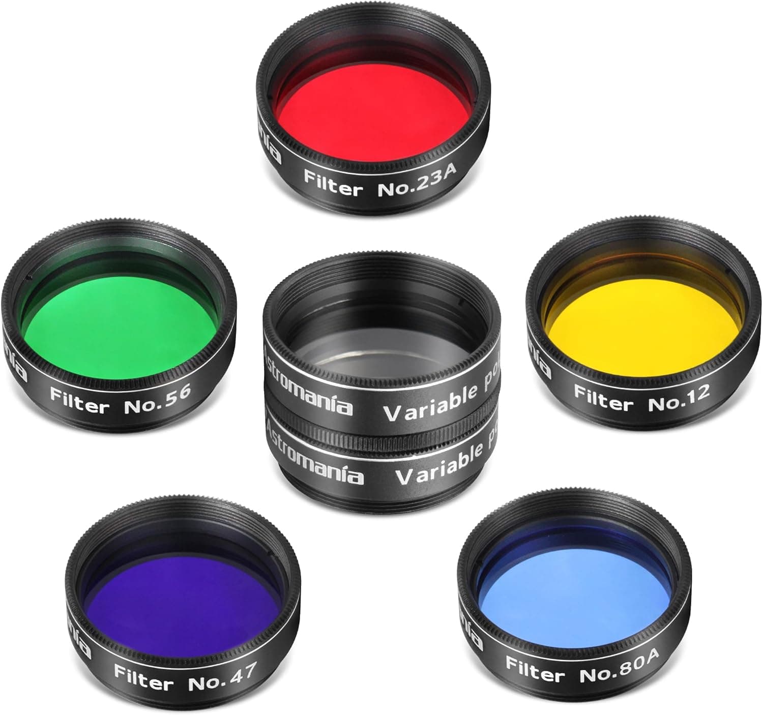 Astromania 1.25-Inch Telescope Eyepiece Filter Set (6 Pieces), Variable Grey Polarizing Filter, 5 Planetary Color Filters