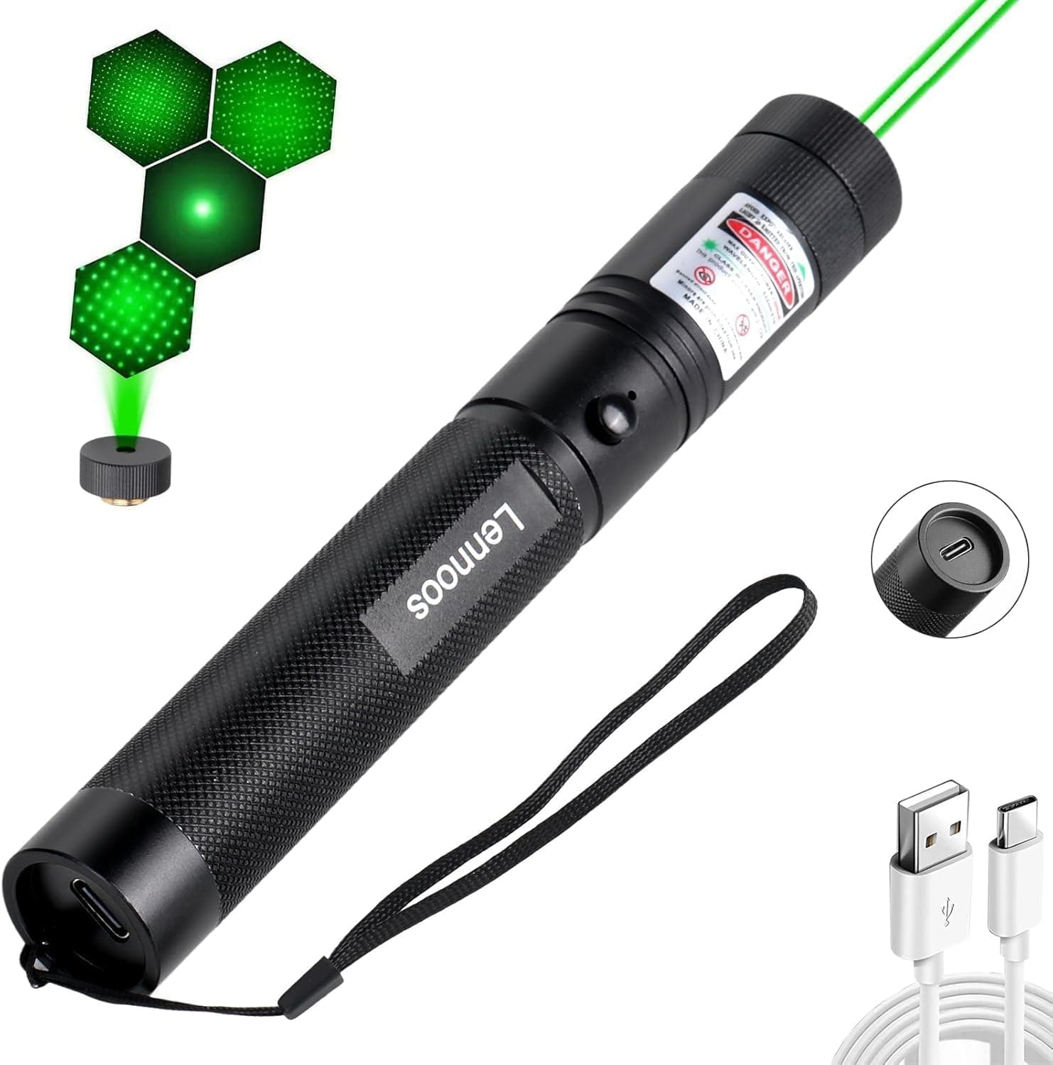 Lennoos USB-C Rechargeable Green Laser Pointer Advanced Long-Range with Star Cap for Astronomy