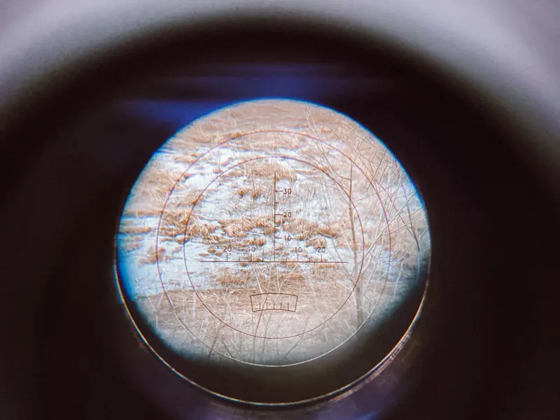 Telescope lens view capturing a textured nature scene with crosshairs