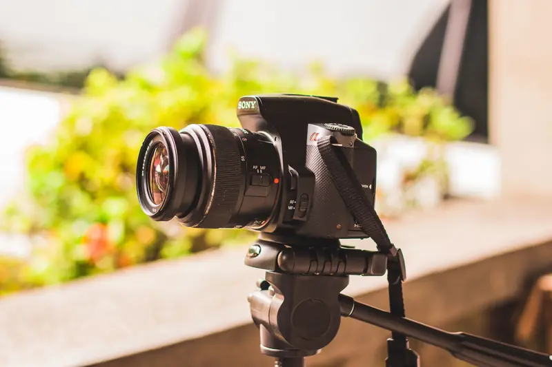 Close-up of a modern camera mounted on a tripod in an outdoor setting with natural light